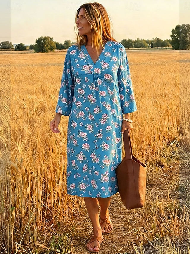 Glamour Style™ Boho Floral Long Sleeve Midi Dress Glamour Style Blue