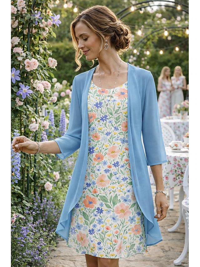 Glamour Style™ Layered Floral 3/4 Sleeve Midi Dress Set Glamour Style Blue
