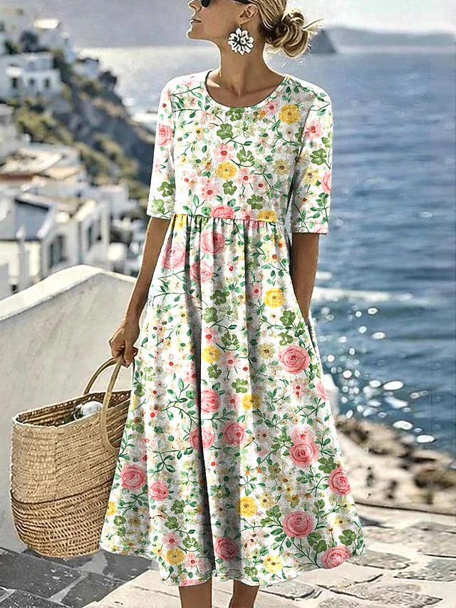 Glamour Style™ Boho Floral Vacation Midi Dress Glamour Style Light Green