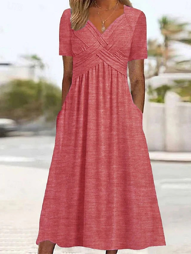Glamour Style™ Classic V-Neck A-Line Midi Dress Glamour Style Red