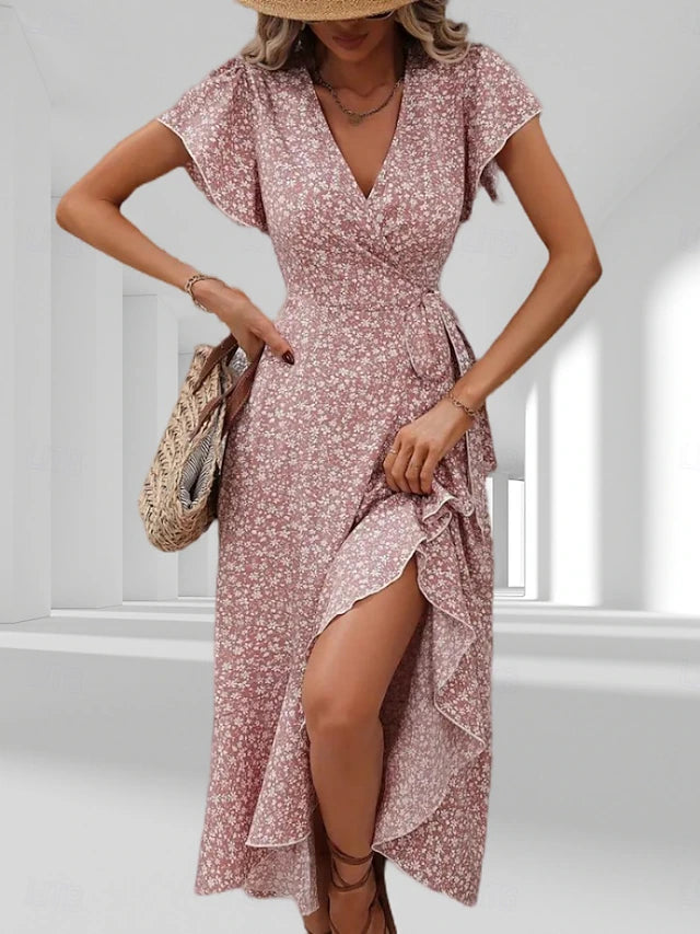 Glamour Style™ Elegant Floral Wrap Midi Dress Glamour Style Pink