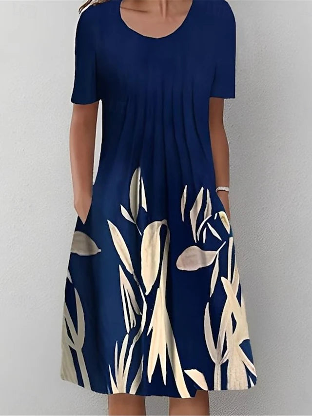 Glamour Style™ Floral Crew Neck Summer Midi Dress Glamour Style Navy Blue