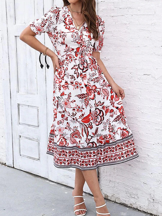 Glamour Style™ Floral A-Line Swing Midi Dress Glamour Style Red
