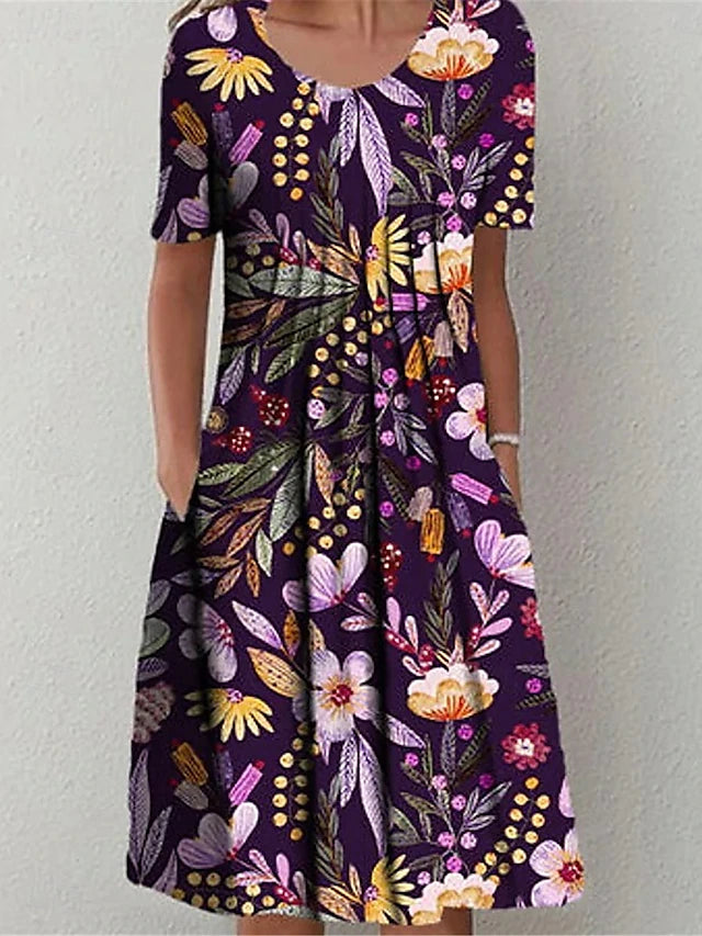 Glamour Style™ Floral Crew Neck Summer Midi Dress Glamour Style Purple