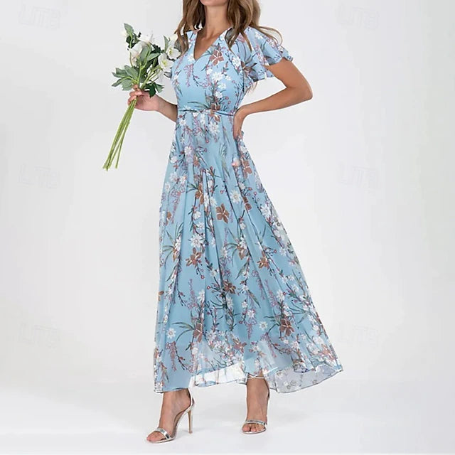 Glamour Style™ Floral V-Neck Midi Cocktail Dress Glamour Style Blue