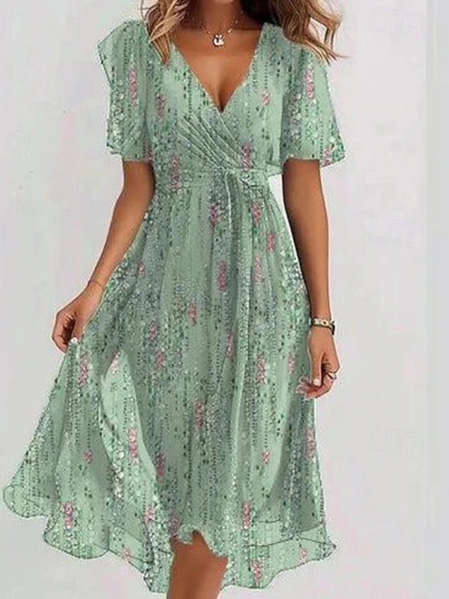 Glamour Style™ Floral Chiffon Midi Cocktail Dress Glamour Style Light Green