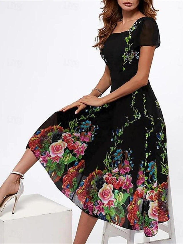 Glamour Style™ Floral Square Neck Midi Dress Glamour Style Green