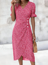 Glamour Style™ Floral Puff Sleeve Wrap Midi Dress Glamour Style Pink