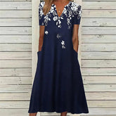 Glamour Style™ Floral V-Neck Pocket Midi Dress Glamour Style Navy Blue