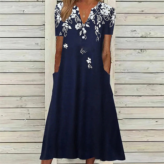 Glamour Style™ Floral V-Neck Pocket Midi Dress Glamour Style Navy Blue