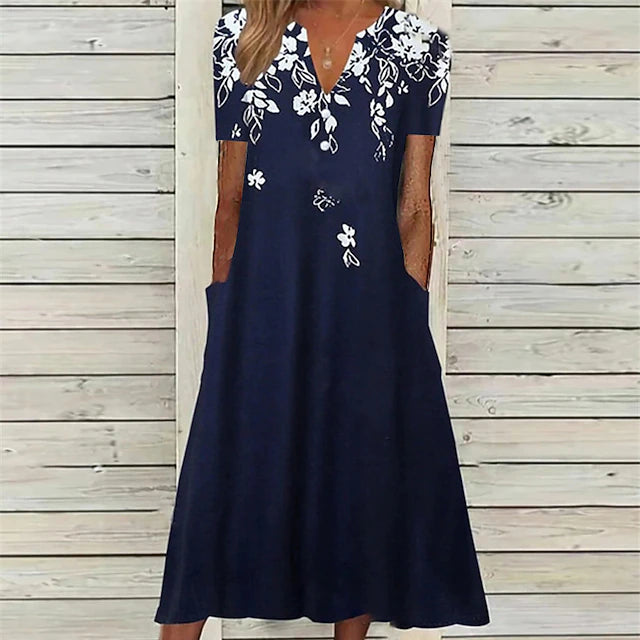 Glamour Style™ Floral V-Neck Pocket Midi Dress Glamour Style Navy Blue