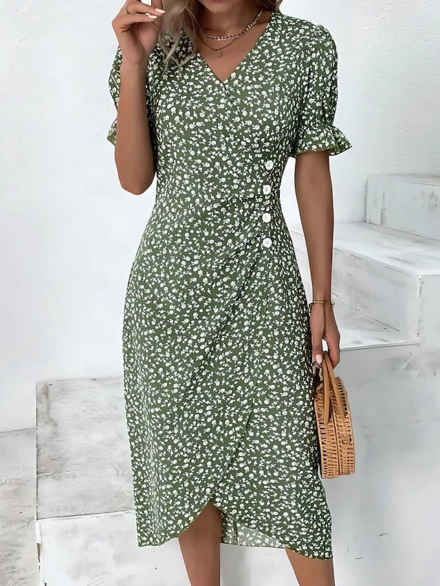 Glamour Style™ Floral Puff Sleeve Wrap Midi Dress Glamour Style Green