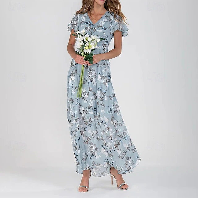 Glamour Style™ Floral V-Neck Midi Cocktail Dress Glamour Style Light Blue