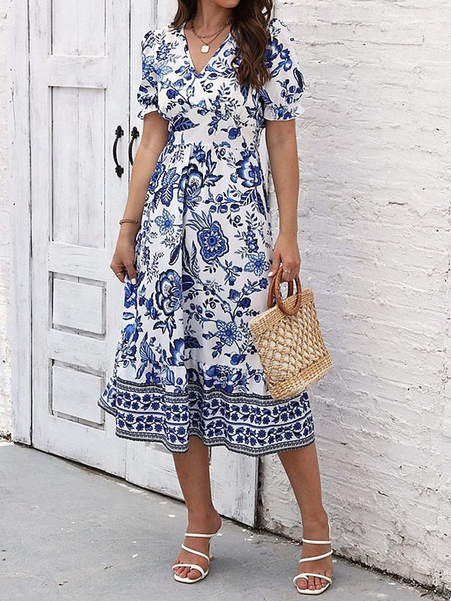 Glamour Style™ Floral A-Line Swing Midi Dress Glamour Style Blue