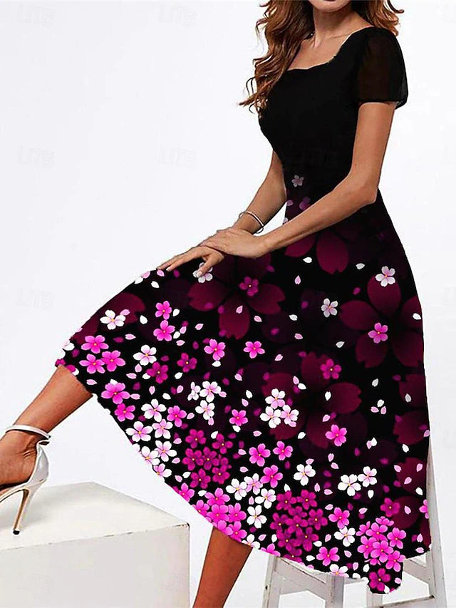 Glamour Style™ Floral Square Neck Midi Dress Glamour Style Fuchsia