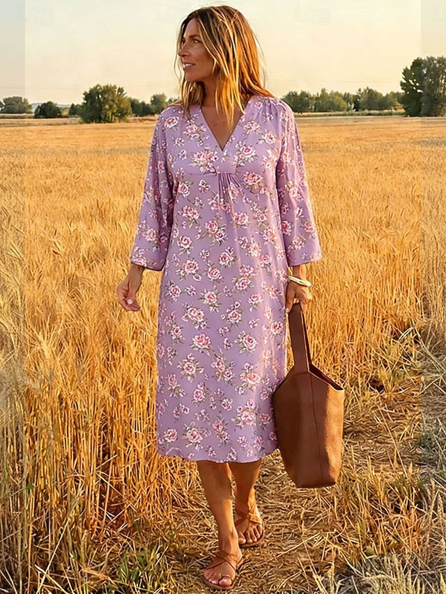 Glamour Style™ Boho Floral Long Sleeve Midi Dress Glamour Style Purple