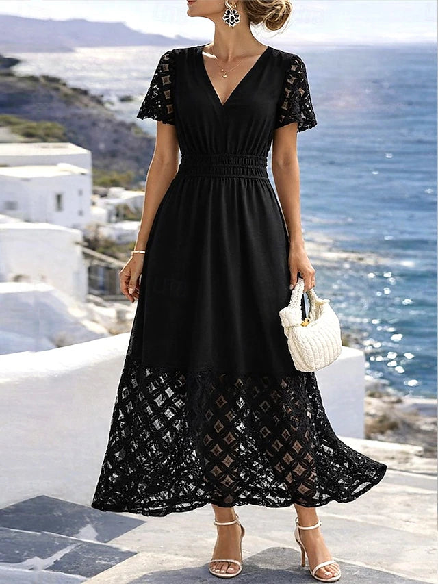 Glamour Style™ Classic V-Neck A-Line Midi Dress Glamour Style Black