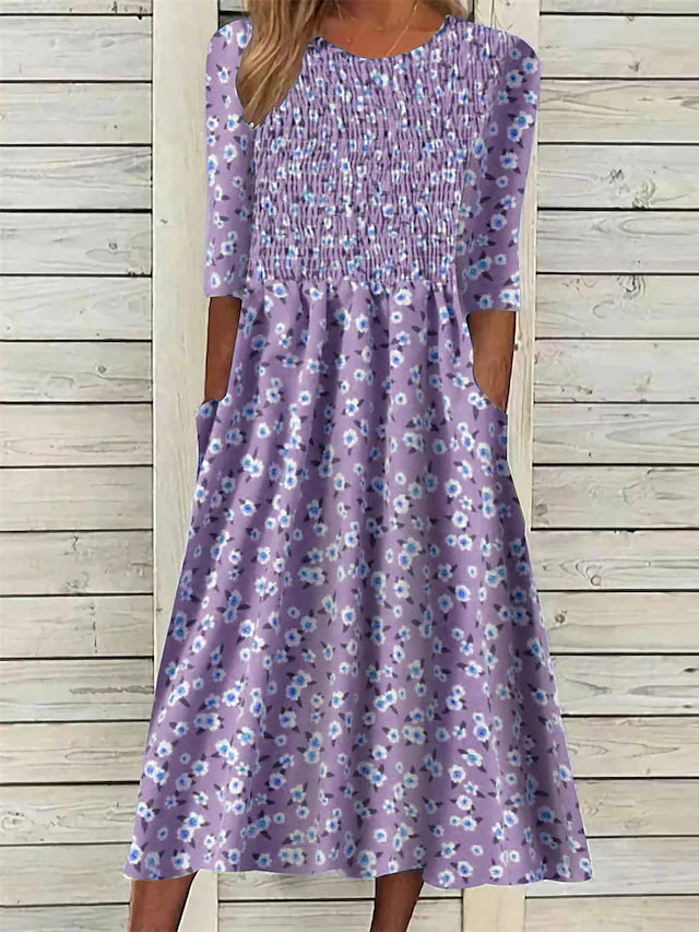 Glamour Style™ Ditsy Floral Ruched Midi Dress with Pockets Glamour Style Purple