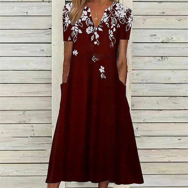Glamour Style™ Floral V-Neck Pocket Midi Dress Glamour Style Wine