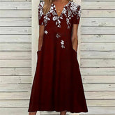 Glamour Style™ Floral V-Neck Pocket Midi Dress Glamour Style Wine