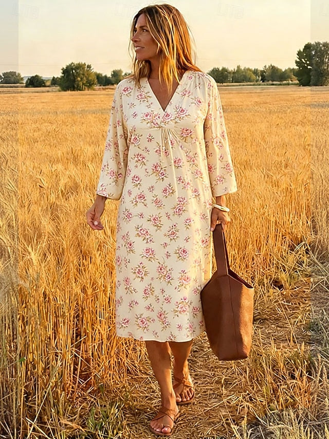 Glamour Style™ Boho Floral Long Sleeve Midi Dress Glamour Style Beige
