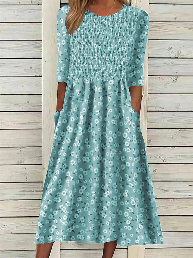 Glamour Style™ Ditsy Floral Ruched Midi Dress with Pockets Glamour Style Blue