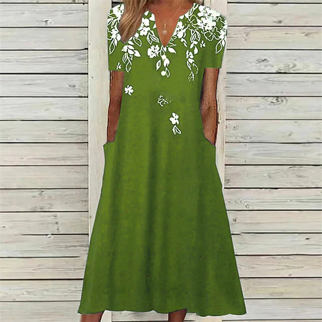 Glamour Style™ Floral V-Neck Pocket Midi Dress Glamour Style Green