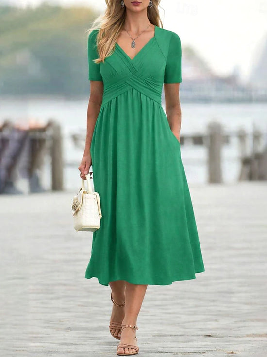 Glamour Style™ Classic V-Neck A-Line Midi Dress Glamour Style Green