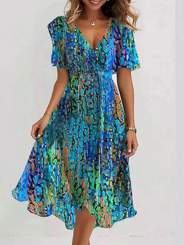 Glamour Style™ Floral Chiffon Midi Cocktail Dress Glamour Style Blue
