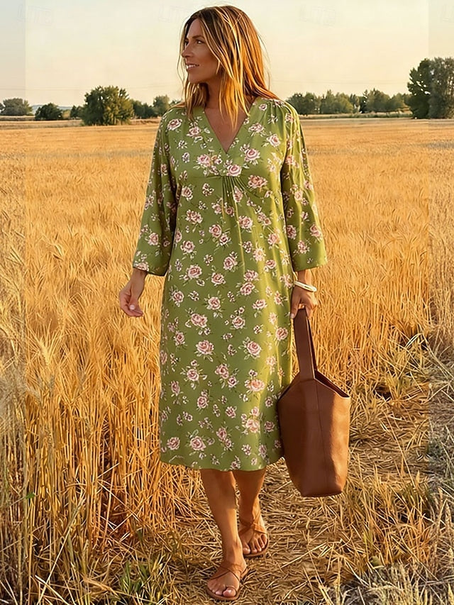 Glamour Style™ Boho Floral Long Sleeve Midi Dress Glamour Style Green