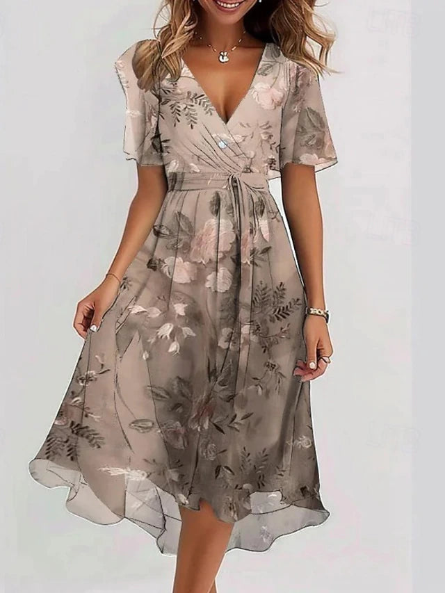 Glamour Style™ Floral Chiffon Midi Cocktail Dress Glamour Style Gold