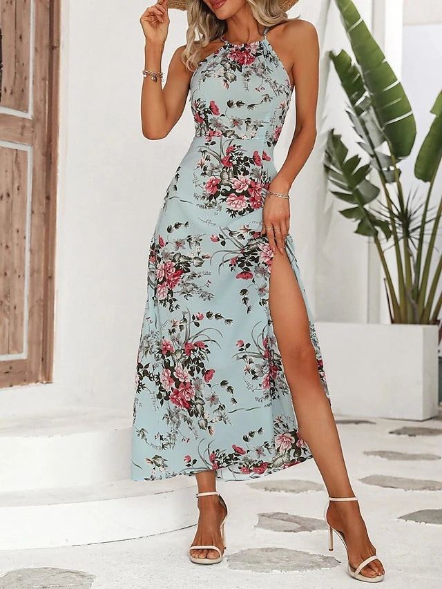 Glamour Style™ Boho Floral Halter Neck Maxi Dress Glamour Style Blue