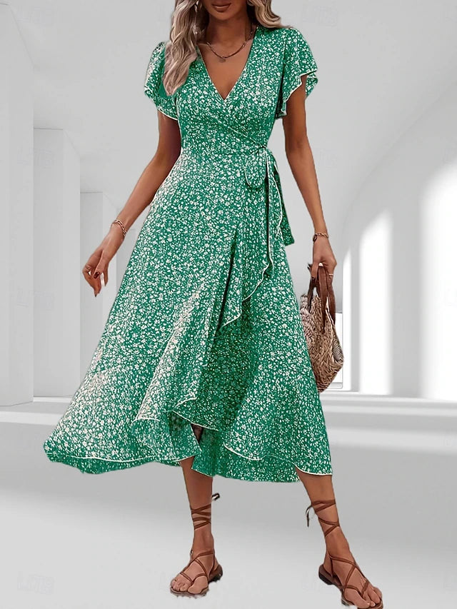 Glamour Style™ Elegant Floral Wrap Midi Dress Glamour Style Green
