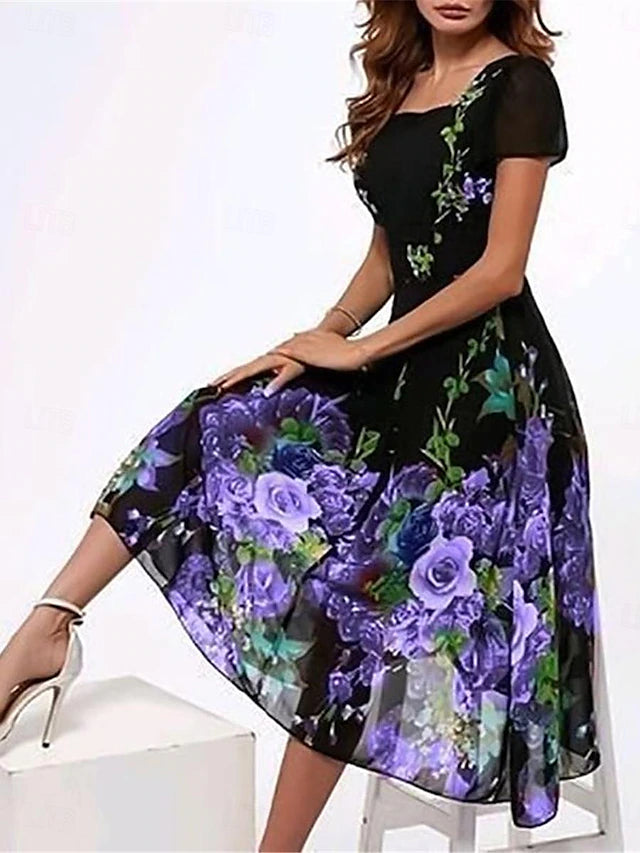 Glamour Style™ Floral Square Neck Midi Dress Glamour Style Red