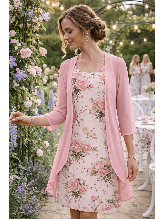 Glamour Style™ Layered Floral 3/4 Sleeve Midi Dress Set Glamour Style Pink