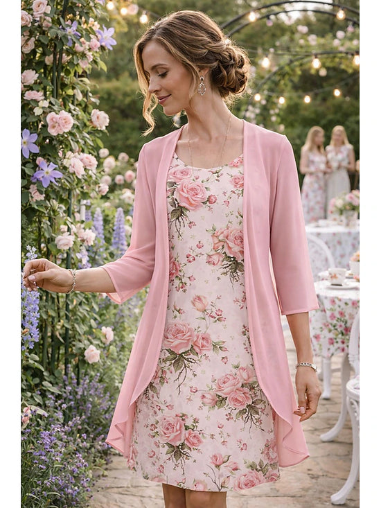 Glamour Style™ Layered Floral 3/4 Sleeve Midi Dress Set Glamour Style Pink
