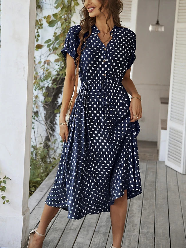 Glamour Style™ Polka Dot Collar A-Line Midi Dress