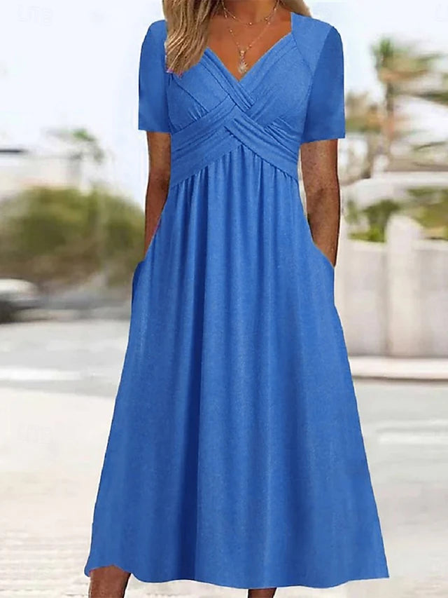 Glamour Style™ Classic V-Neck A-Line Midi Dress Glamour Style Blue