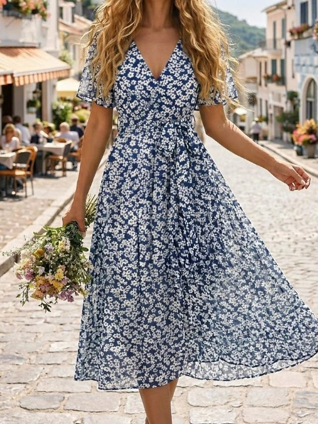 Glamour Style™ Floral Chiffon Midi Cocktail Dress Glamour Style Navy Blue