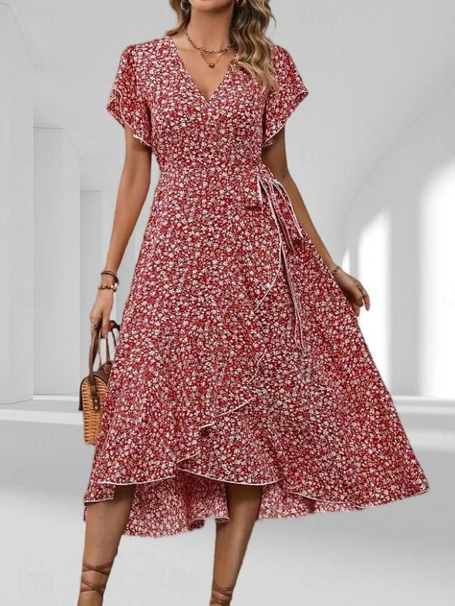 Glamour Style™ Elegant Floral Wrap Midi Dress Glamour Style Red