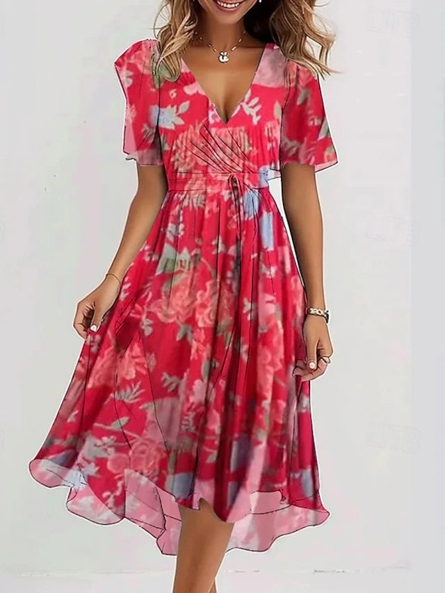 Glamour Style™ Floral Chiffon Midi Cocktail Dress Glamour Style Red