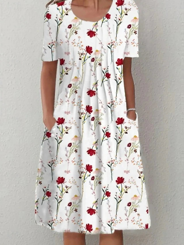 Glamour Style™ Floral Crew Neck Summer Midi Dress Glamour Style White