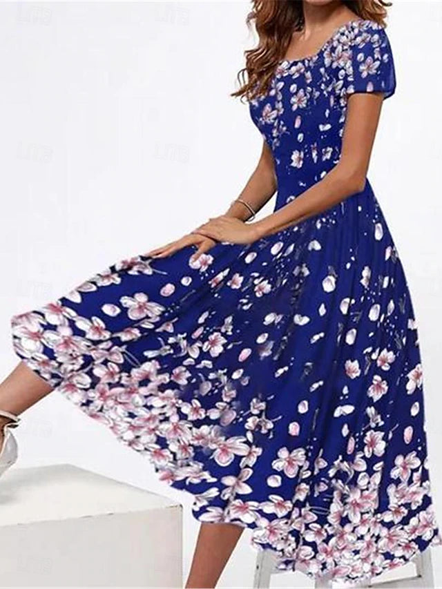Glamour Style™ Floral Square Neck Midi Dress Glamour Style Blue