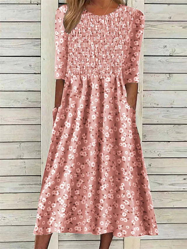 Glamour Style™ Ditsy Floral Ruched Midi Dress with Pockets Glamour Style Pink