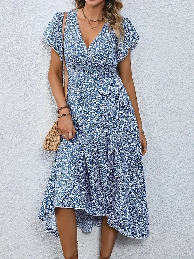 Glamour Style™ Elegant Floral Wrap Midi Dress Glamour Style