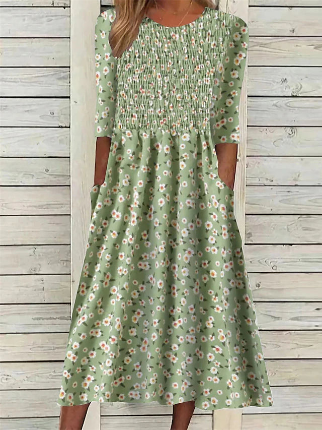 Glamour Style™ Ditsy Floral Ruched Midi Dress with Pockets Glamour Style Green
