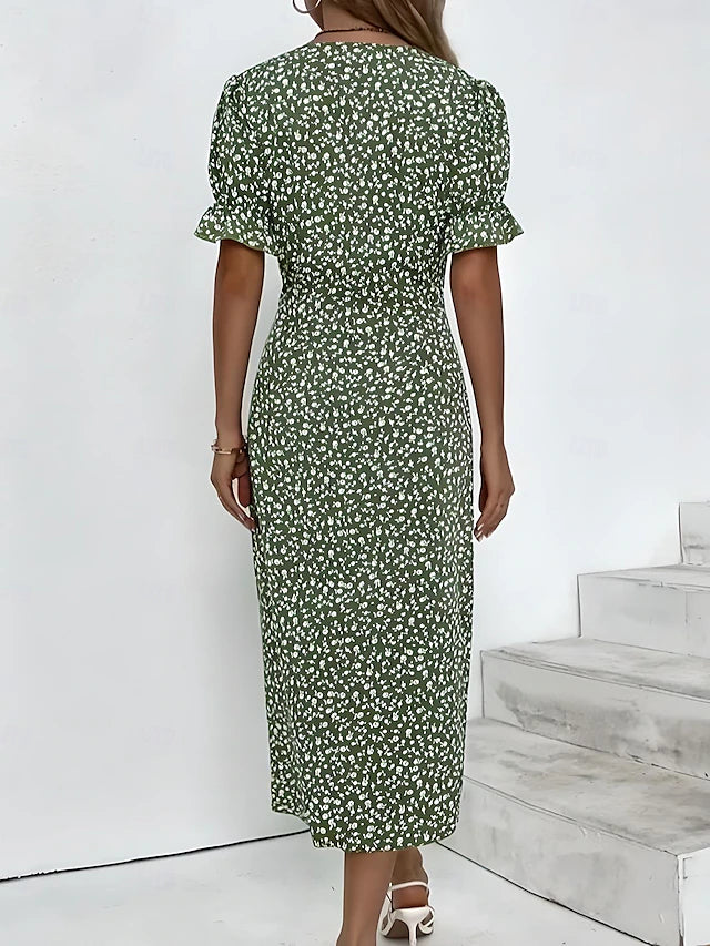 Glamour Style™ Floral Puff Sleeve Wrap Midi Dress Glamour Style