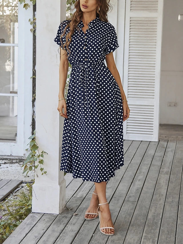 Glamour Style™ Polka Dot Collar A-Line Midi Dress