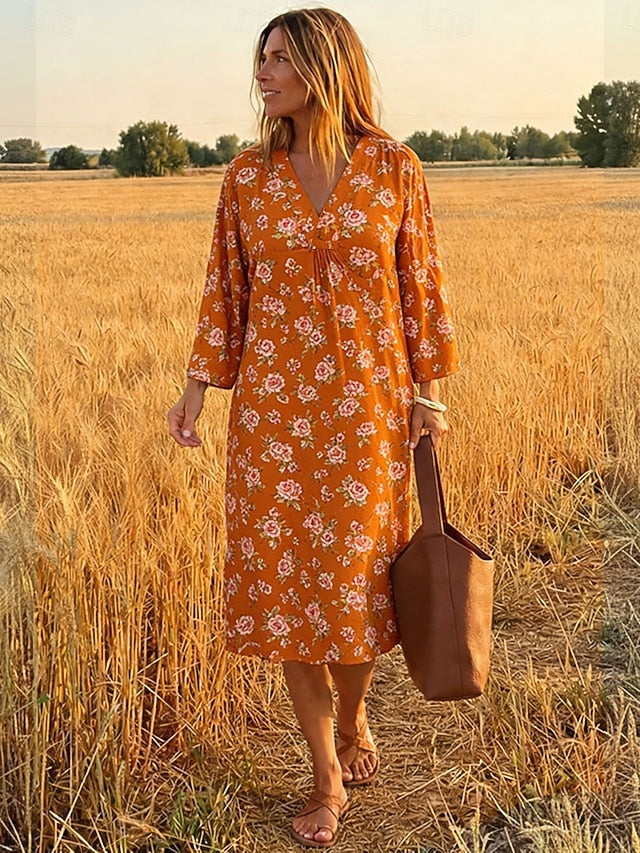 Glamour Style™ Boho Floral Long Sleeve Midi Dress Glamour Style Orange