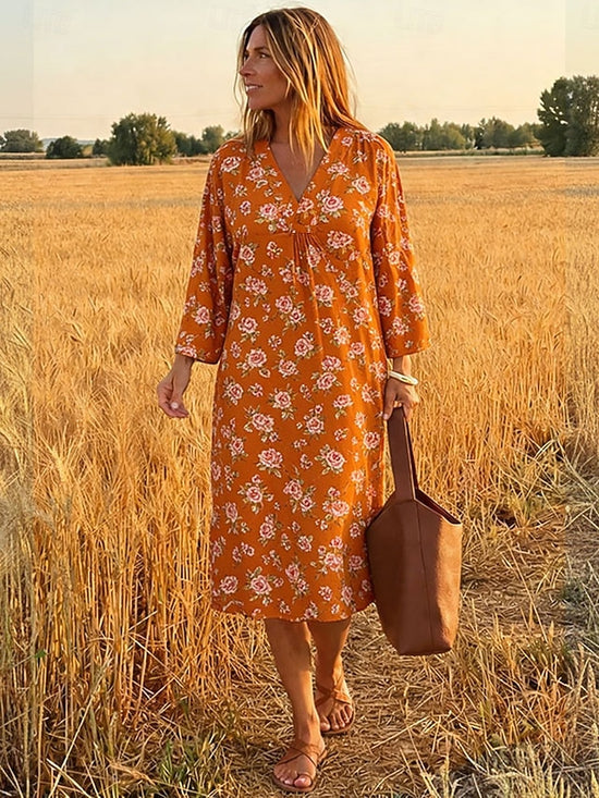 Glamour Style™ Boho Floral Long Sleeve Midi Dress Glamour Style Orange